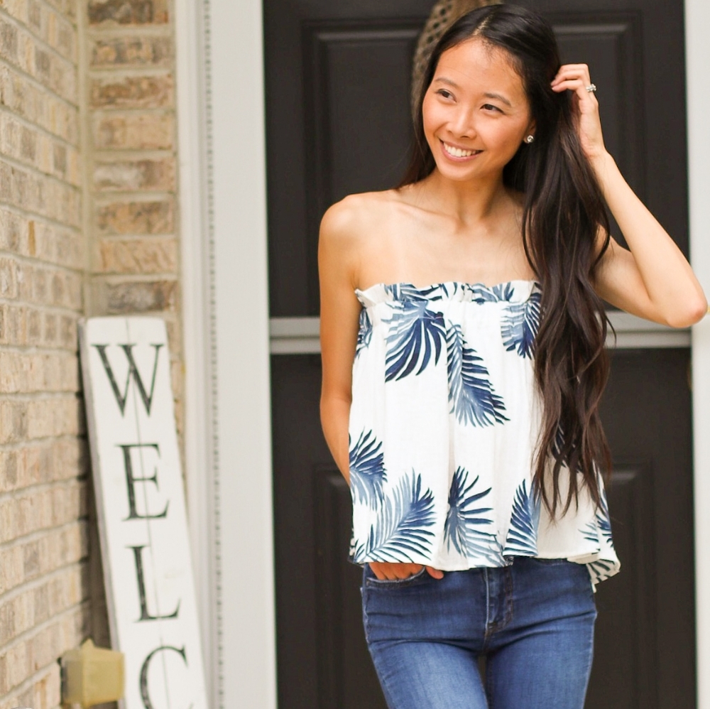 Lumiere Paradise Leaf Print Strapless Top